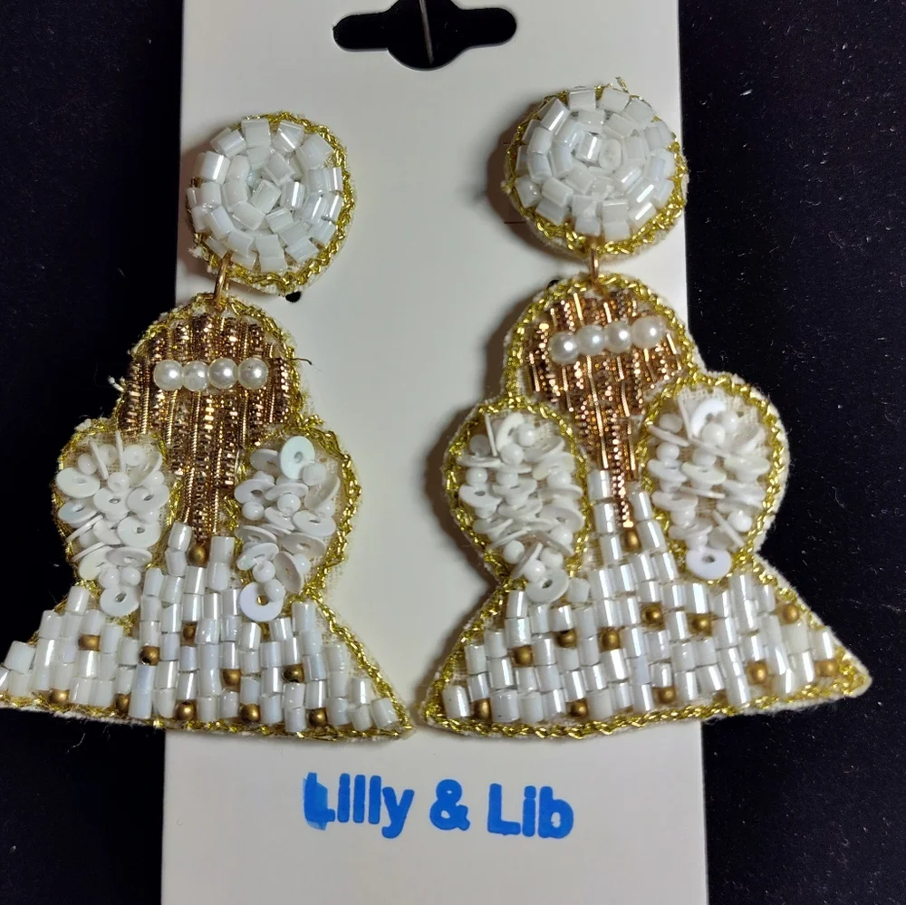 Christmas Angels Earrings White and Gold Beaded